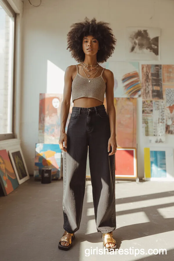 Crochet Crop Top with High-Waisted Baggy Jeans and Sandals