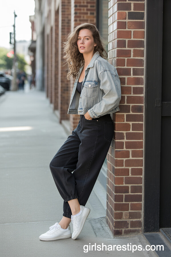 Denim Jacket, Basic Tank, White Sneaker
