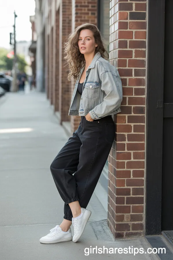 Denim Jacket, Basic Tank, White Sneaker