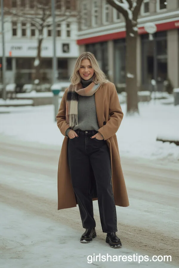 Winter-Ready Camel Coat, Turtleneck, and Chunky Boots