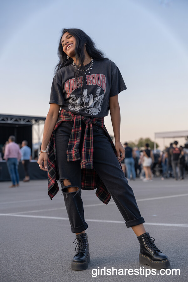 Vintage Band Tee, Plaid Shirt, and Lace-Up Boots Concert Outfit