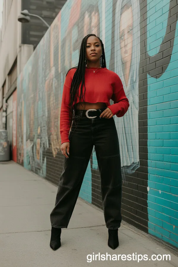 Cropped Red Sweater, Statement Belt, and Pointed Boots Street Style
