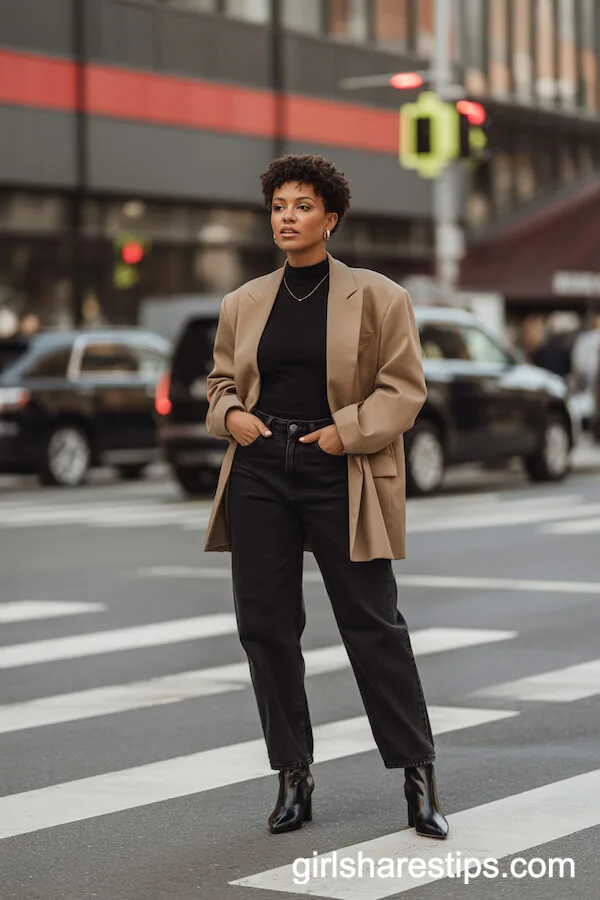 Black Turtleneck, Oversized Blazer, and Heeled Boots Street Style