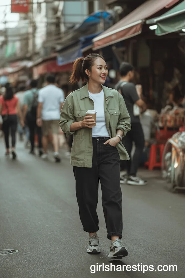 Utility Jacket and Chunky Sneakers Market-Ready Look