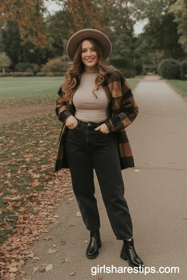 Plaid Shacket, Turtleneck, Felt Hat