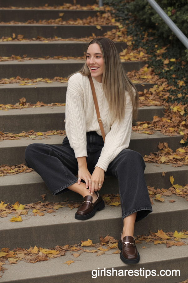 Cable Knit Sweater, High-Waisted Black Baggy Jeans, Brown Loafers