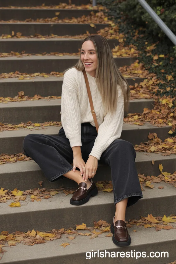 Cable Knit Sweater, High-Waisted Black Baggy Jeans, Brown Loafers