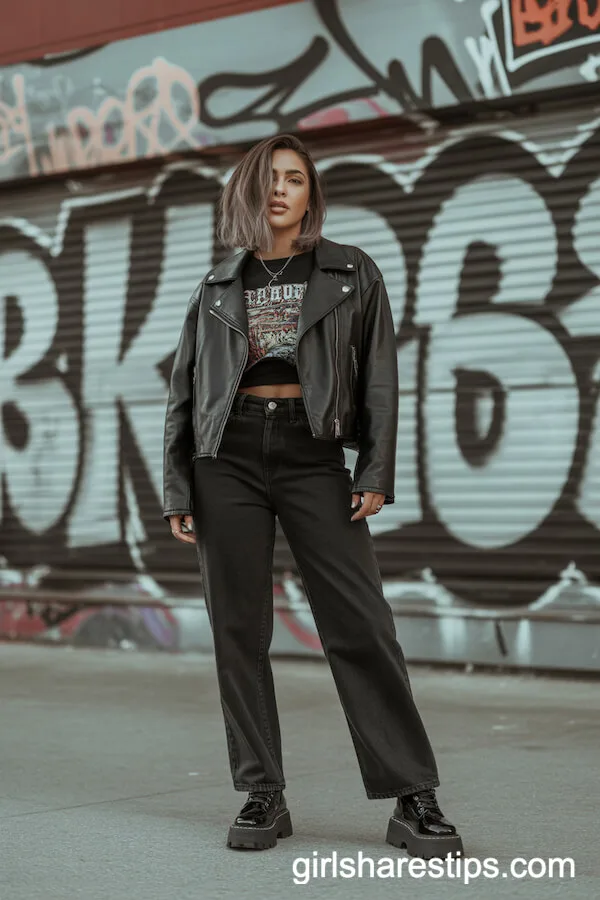 Leather Biker Jacket, Graphic Crop Tee, Chunky Boots