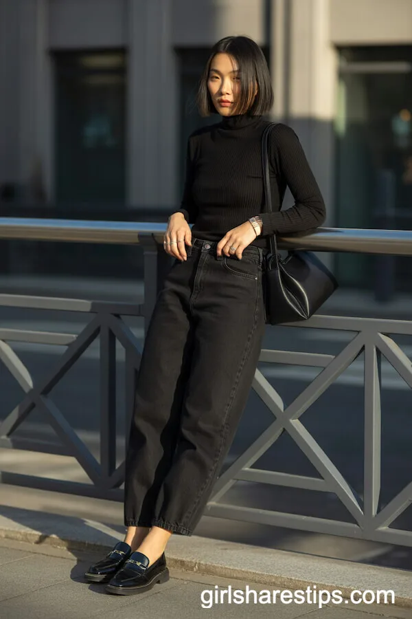 Minimalist All-Black Look with Ribbed Turtleneck and Loafers