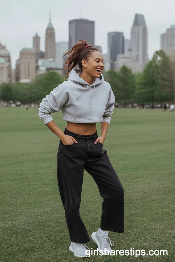 Sporty-Chic Vibe with Cropped Hoodie and White Running Shoes