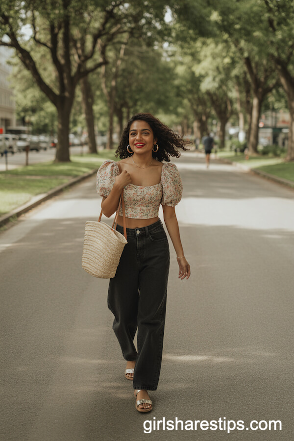 Floral-Puff Sleeve Crop Top and Summer Sandals Ensemble