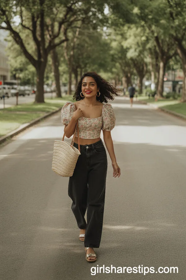 Floral-Puff Sleeve Crop Top and Summer Sandals Ensemble