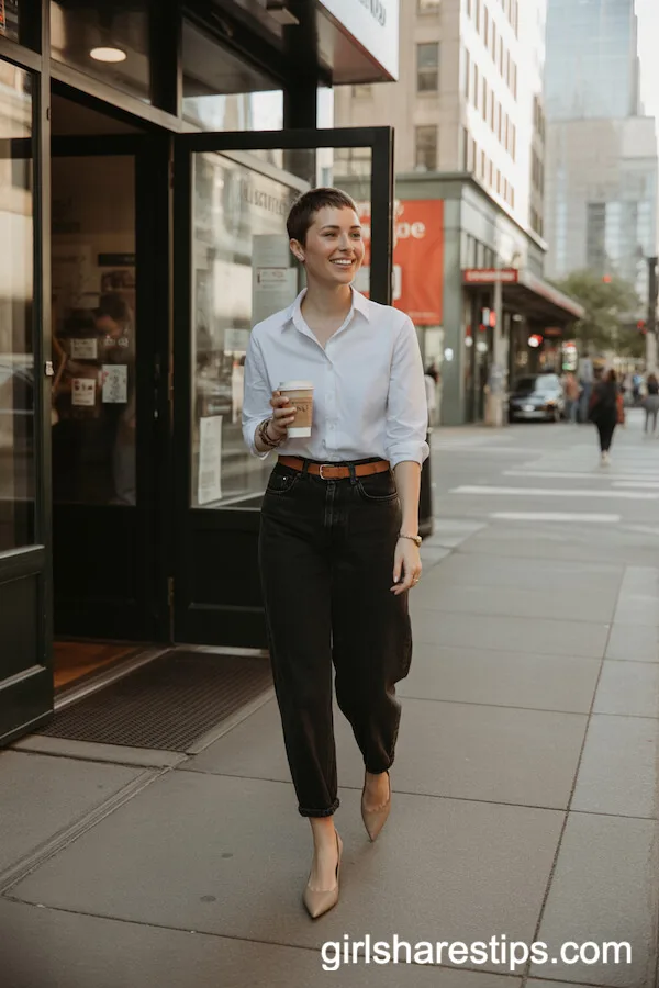 White Button-Up Shirt and Pointed Flats for a Coffee Run
