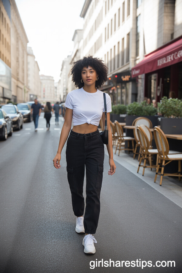 Classic White Tee and Black Cargo Pants for Casual City Strolls