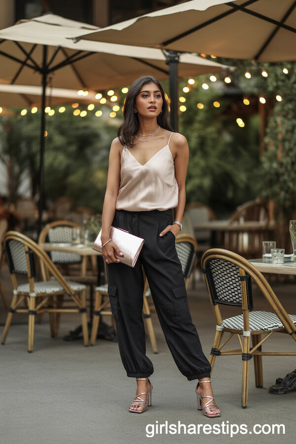Silky Camisole and Strappy Heels with Black Cargo Pants for Evening
