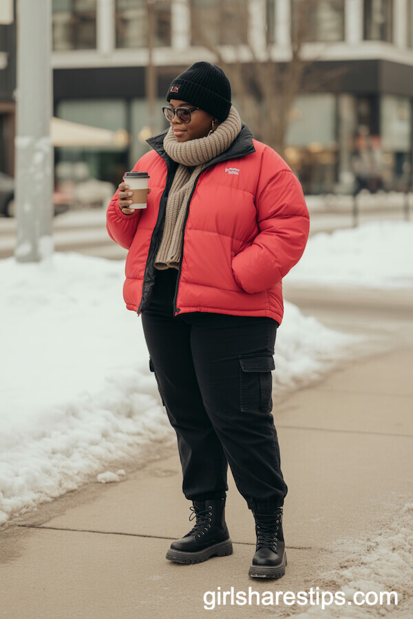 Bright Puffer Jacket and Scarf with Black Cargo Pants for Winter