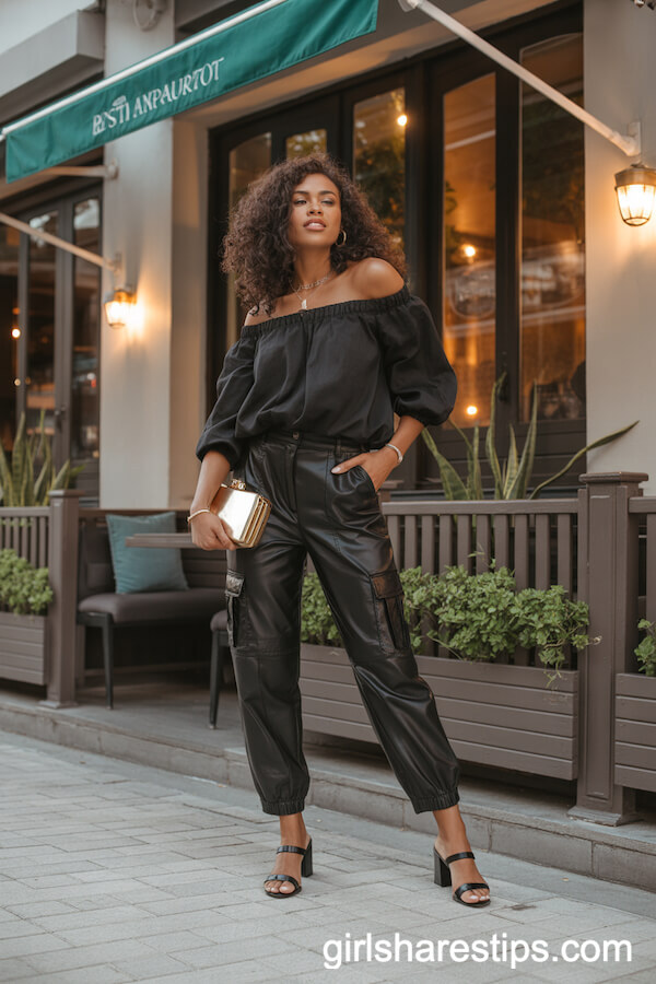 Off-Shoulder Blouse and Heels with Black Cargo Pants for Night Out