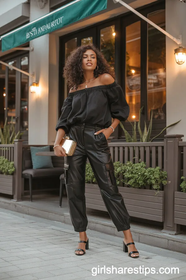 Off-Shoulder Blouse and Heels with Black Cargo Pants for Night Out