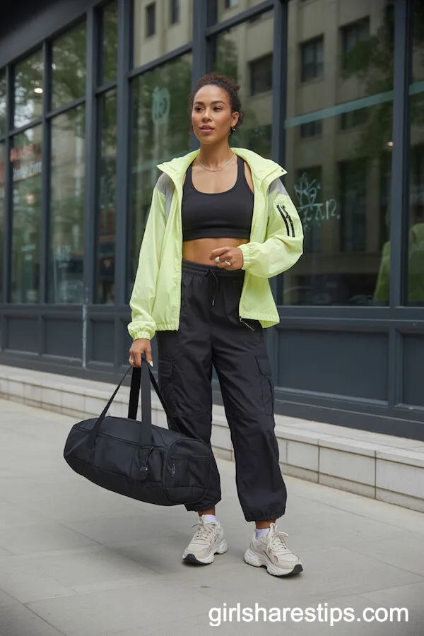 Sporty Windbreaker and Gym Shoes with Black Cargo Pants