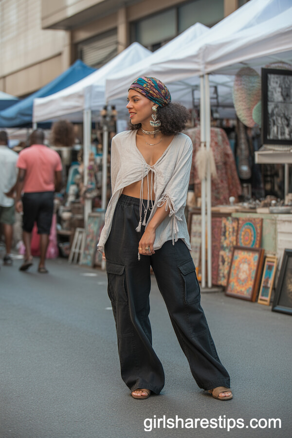 Boho Blouse and Colorful Headwrap with Black Cargo Pants