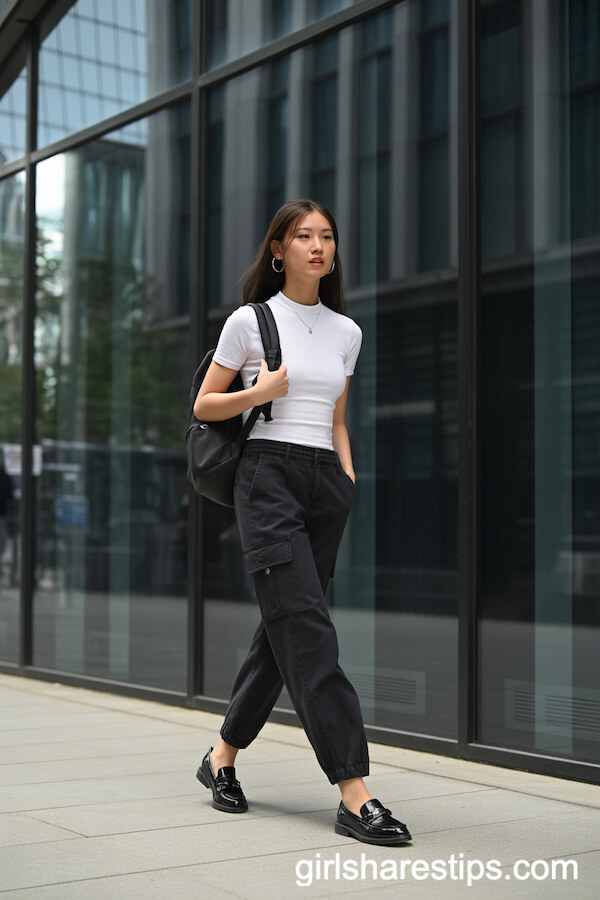 Minimalist Mockneck Top Loafers Black Cargo Pants