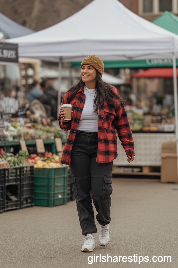 Plaid Flannel Shirt and Beanie with Black Cargo Pants for Market Days