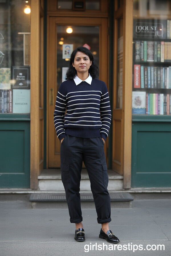 Preppy Sweater and Collared Shirt with Black Cargo Pants
