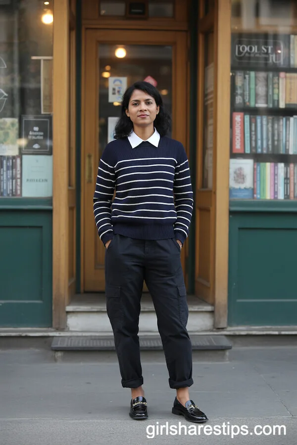 Preppy Sweater and Collared Shirt with Black Cargo Pants