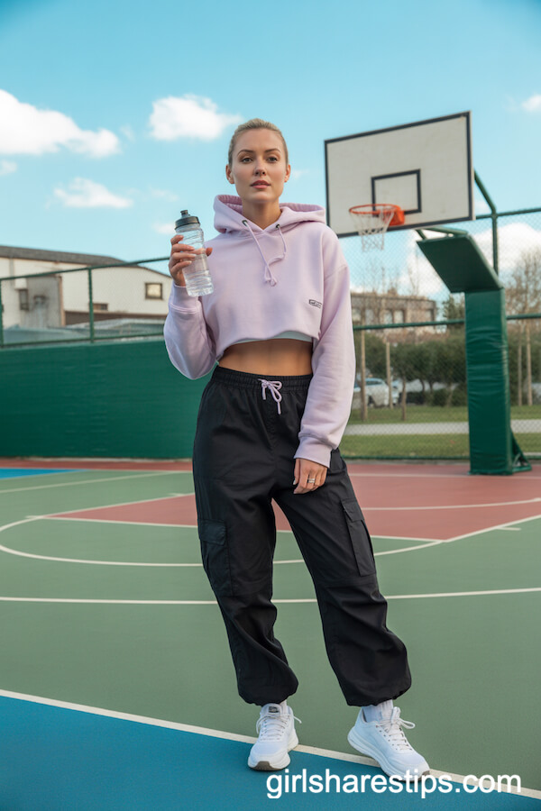 Sporty Cropped Hoodie and Black Cargo Pants for an Energetic Look