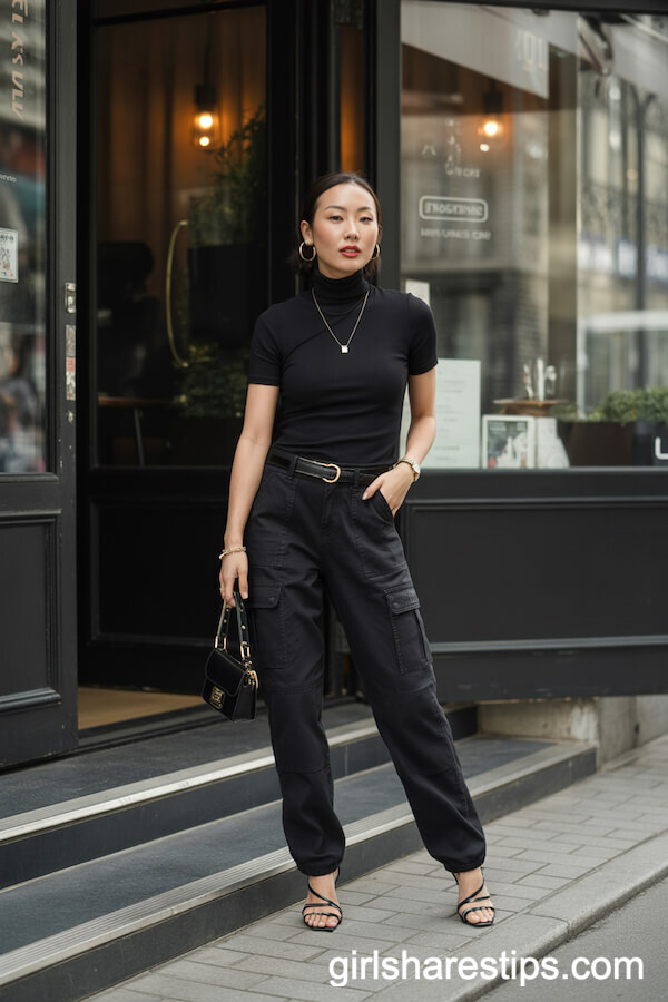 Chic Black Turtleneck and Heels with Black Cargo Pants