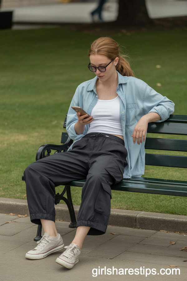 Relaxed Denim Shirt and Tank Top with Black Cargo Pants