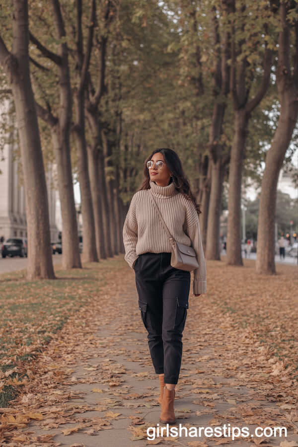 Cozy Knit Sweater and Boots with Black Cargo Pants for Fall