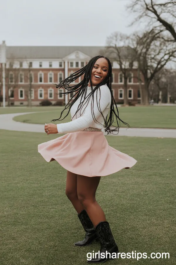 Pastel Skater Skirt and Knit Top with Cowboy Boots