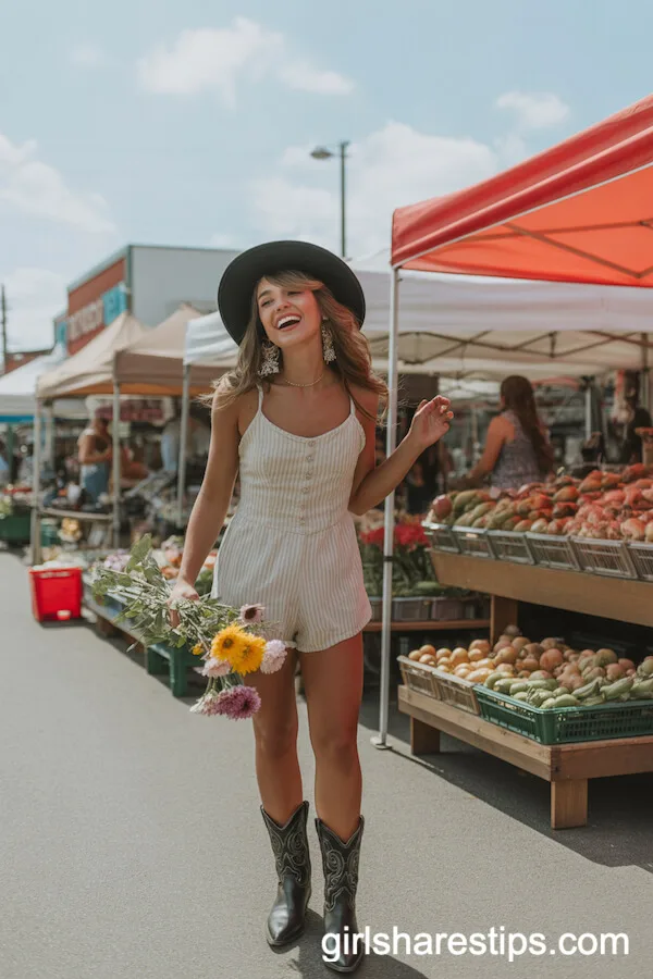 Western-Style Romper with Black Cowboy Boots at the Market