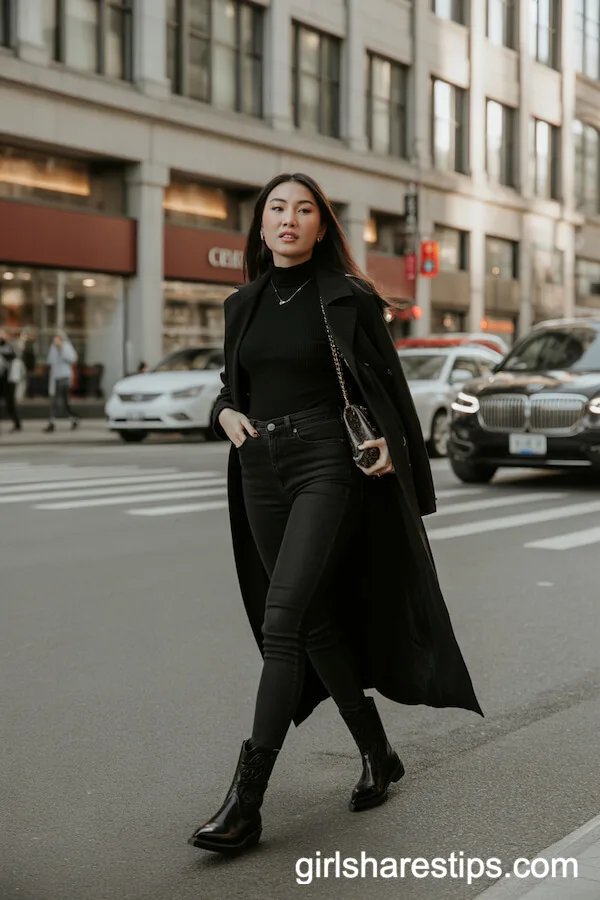 All-Black Layered Outfit Featuring Black Cowboy Boots