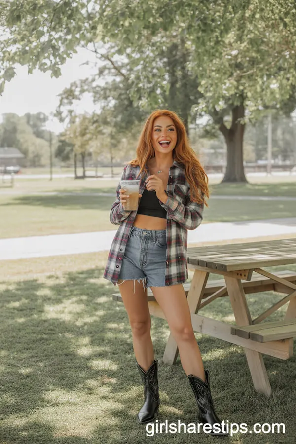 Plaid Shirt and Denim Shorts with Cowboy Boots for a Park Day