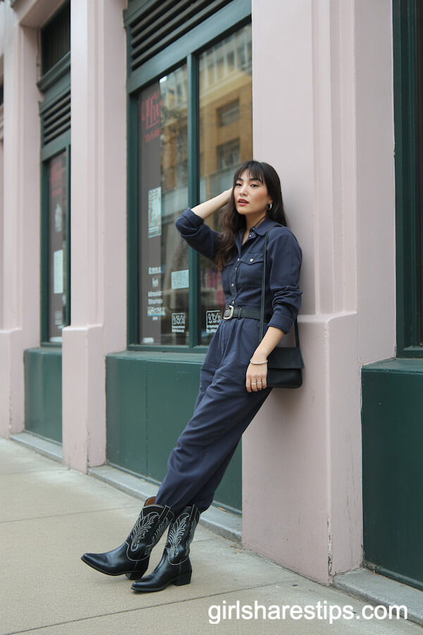 Navy Jumpsuit and Black Cowboy Boots for Effortless City Style