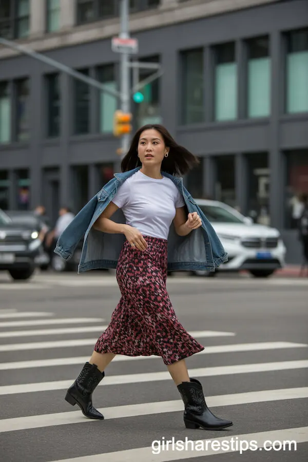 Bold Printed Midi Skirt and Denim Jacket with Cowboy Boots