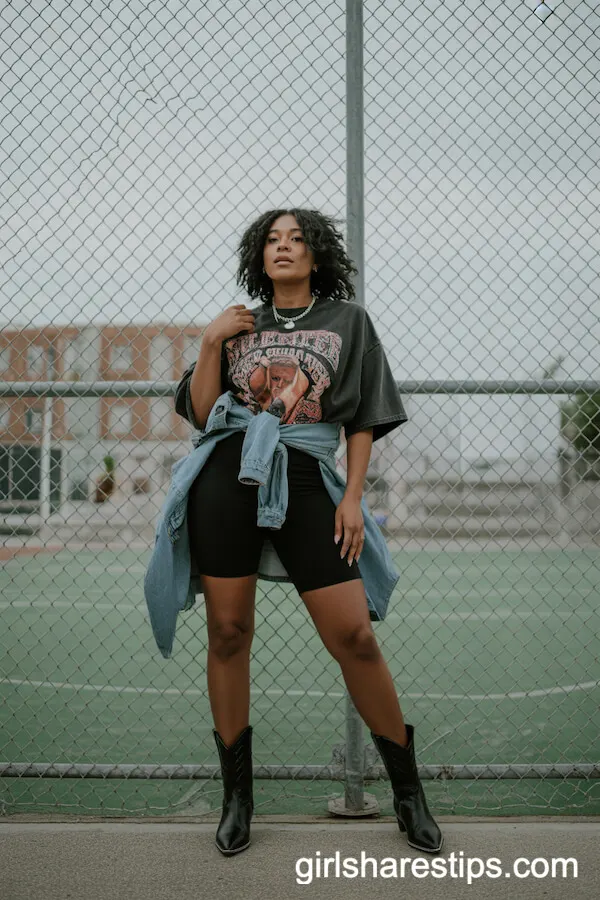 Biker Shorts and Oversized Graphic Tee Styled with Cowboy Boots