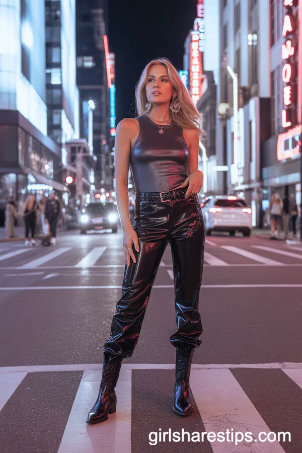 Night-Out Look with Faux Leather Pants and Black Cowboy Boots
