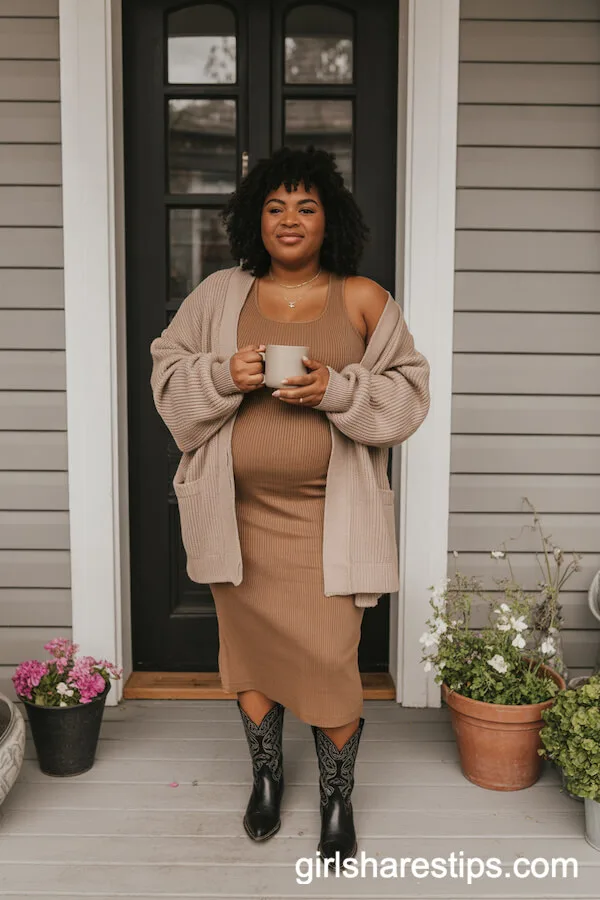 Tan Midi Dress and Oversized Cardigan with Cowboy Boots