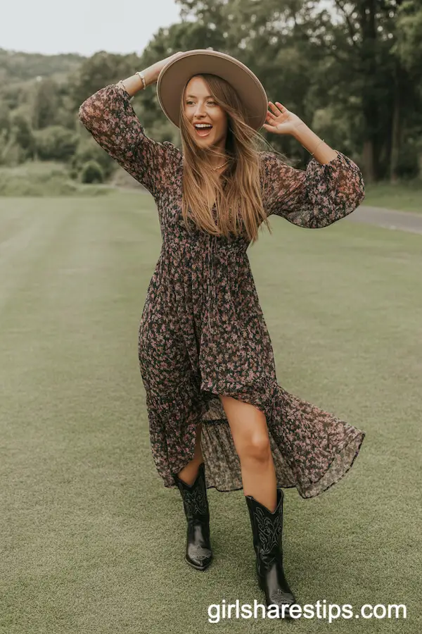 Boho Floral Maxi Dress Styled with Black Cowboy Boots