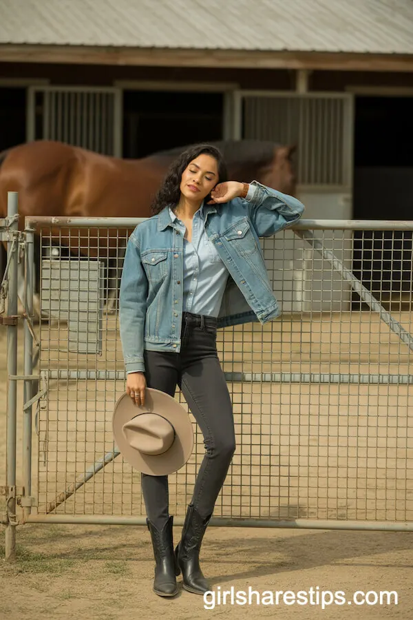 Denim Jacket and Chambray Shirt with Skinny Jeans and Cowboy Boots