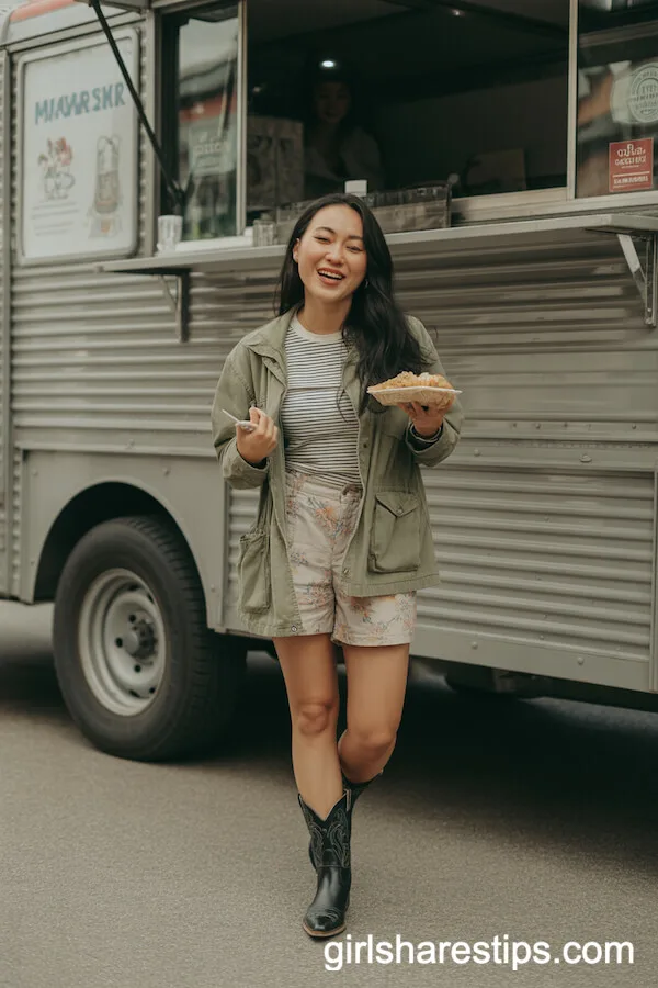 Utility Jacket and Floral Shorts Paired with Cowboy Boots