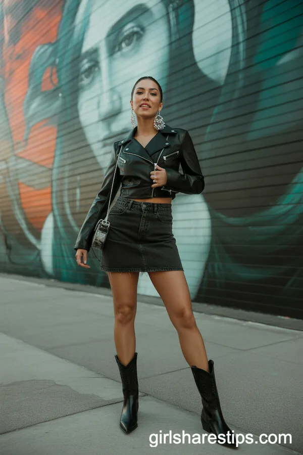 Leather Jacket and Black Denim Skirt Paired with Cowboy Boots