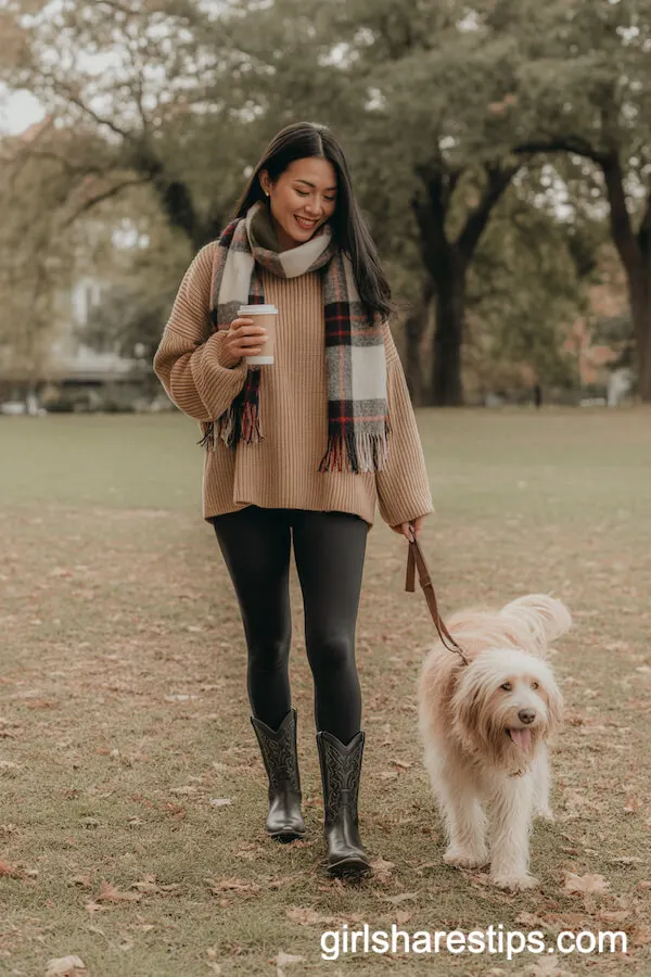 Chunky Sweater and Leggings with Black Cowboy Boots for Autumn