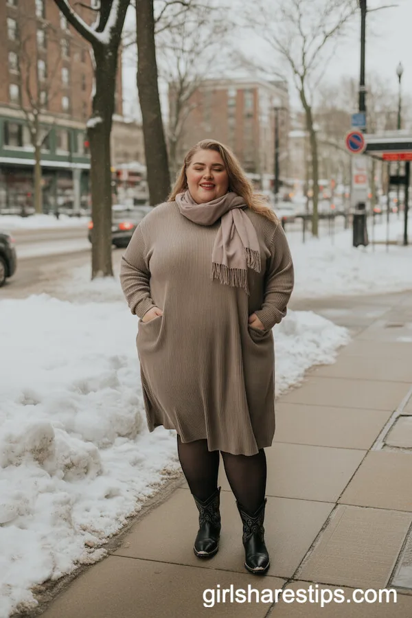 Winter Sweater Dress Ensemble with Black Cowboy Boots