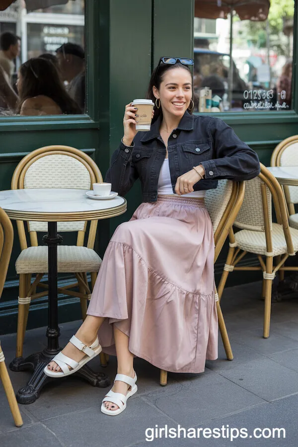 Cropped Black Denim Jacket with Pastel Pink Skirt and White Sandals