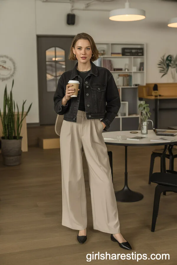Black Denim Jacket with Beige Wide Leg Trousers and Black Flats