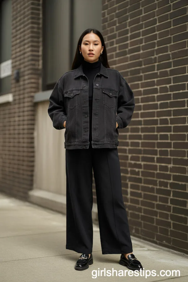 Black Denim Jacket with Black Turtleneck and Wide Leg Trousers